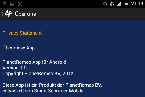 Das Impressum der Android-App deutet auf eine offizielle PlanetRomeo-App hin Das Impressum der Android-App deutet auf eine offizielle PlanetRomeo-App hin