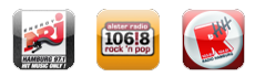Icons der Sender R.HH, NRJ HH und Alster Radio 106!8