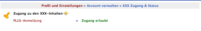 Screenshot aus der Verwaltung von XXX Zugang & Status