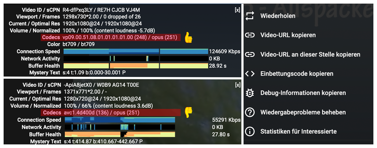 Screenshots: Codecs, die Youtube verwendet und Statistiken für Interessierte