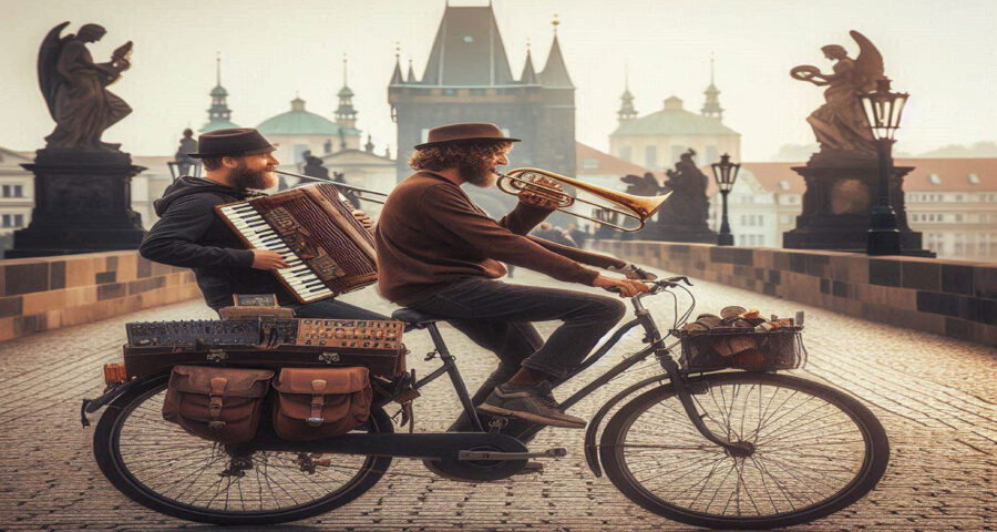 Musiker auf der Karlsbrücke, Prag. Das Bild wurde mit der DALL·E 3-KI erstellt.