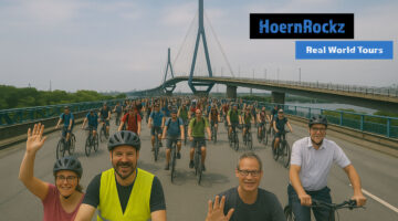 Teilnehmende bei der ADFC Sternfahrt und die Kohlbrandbrücke - Bild wurde in Teilen mit AI erstellt.