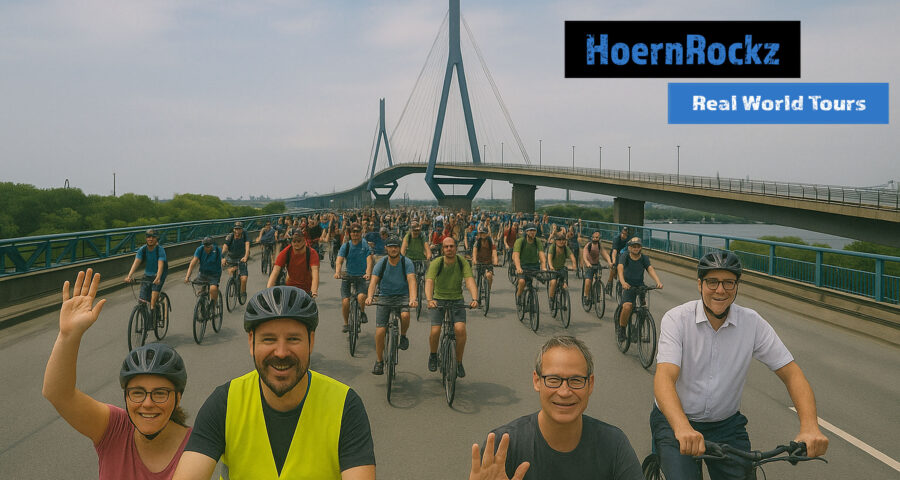 Teilnehmende bei der ADFC Sternfahrt und die Kohlbrandbrücke - Bild wurde in Teilen mit AI erstellt.